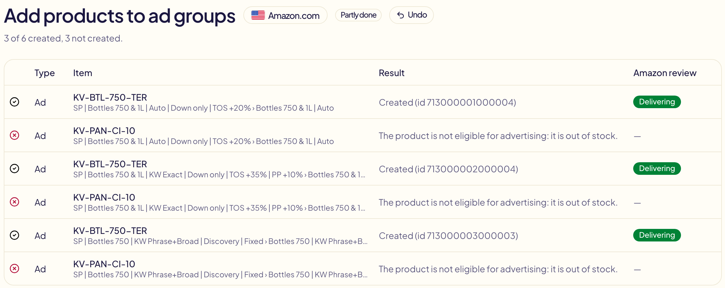 Une opération terminée en partie sur Amazon.com, avec Annuler à côté de son titre : trois publicités créées et diffusées, trois refusées parce que le produit est en rupture de stock