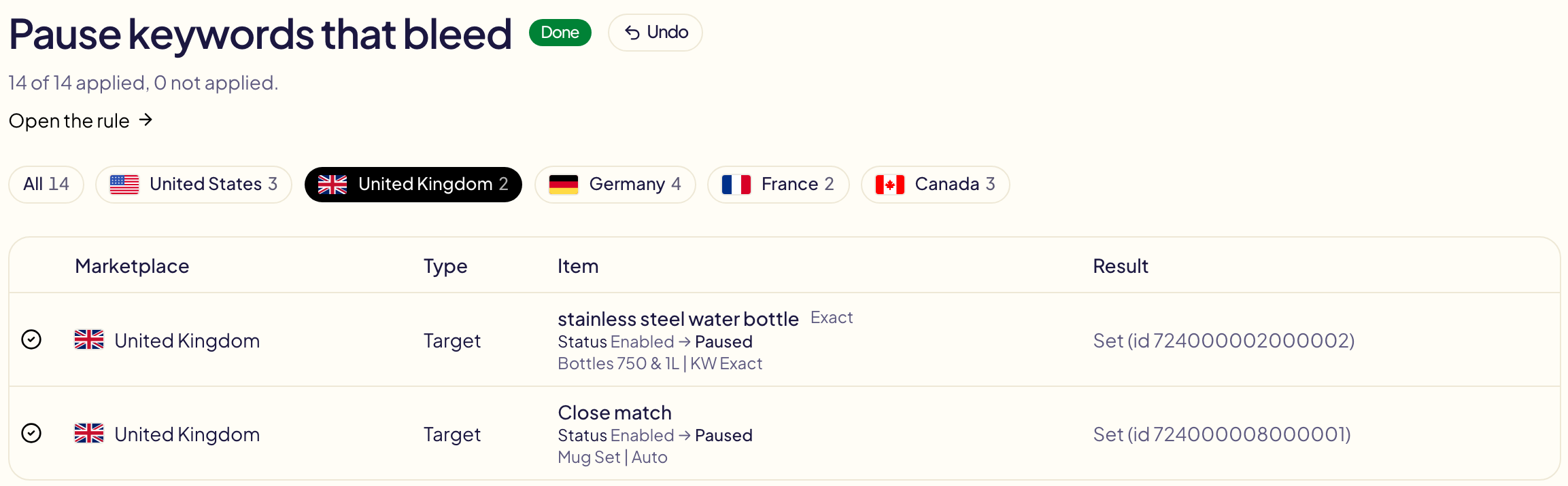 L'exécution d'une règle sur cinq marketplaces, affichant le Royaume-Uni : Annuler à côté de son titre, un bouton par marketplace au-dessus du tableau, et chaque modification avec sa marketplace et sa valeur avant et après