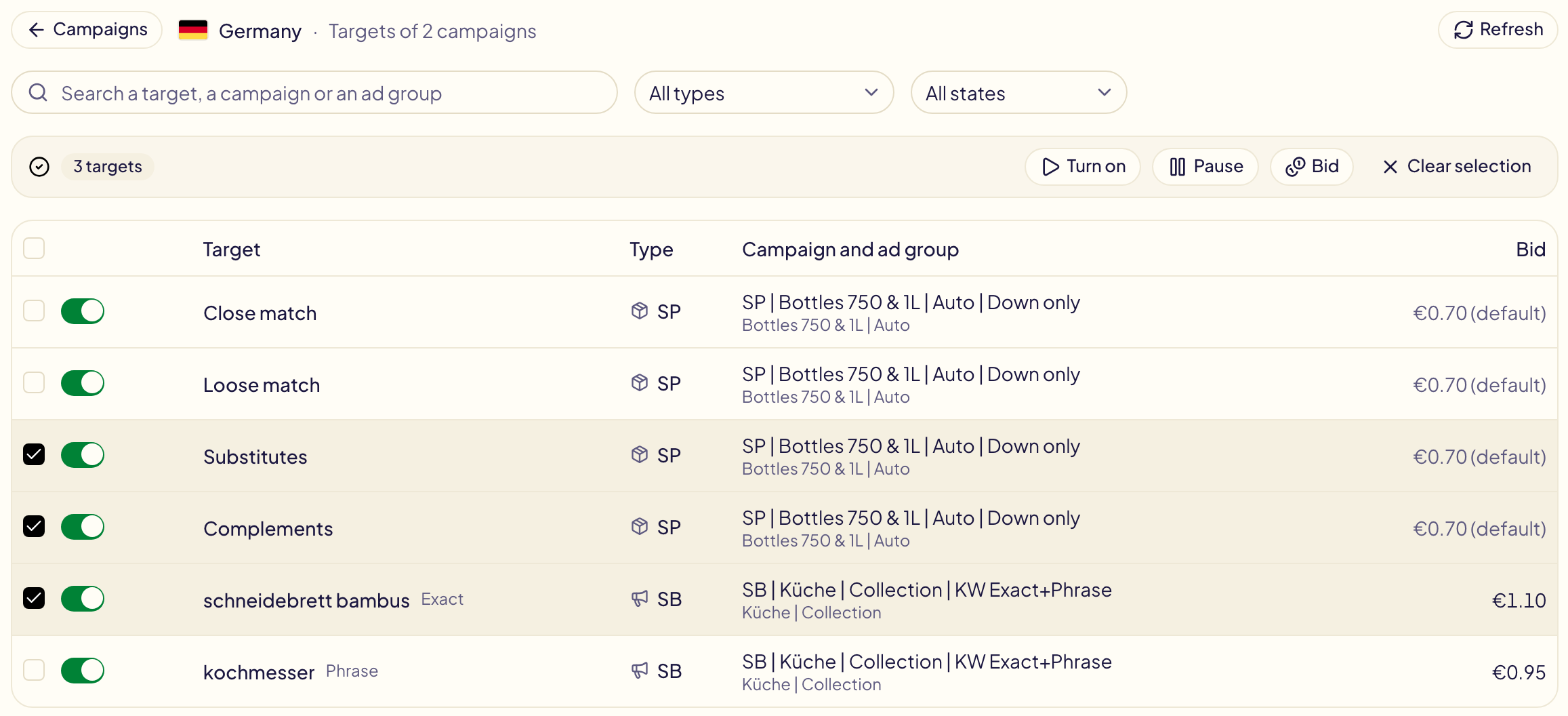 Die Seite Targets von zwei Kampagnen in Deutschland: vier automatische Targeting-Gruppen mit dem Standardgebot von 0,70 € und zwei Sponsored-Brands-Keywords, jedes mit seinem Ein/Aus-Schalter, drei davon ausgewählt, mit Aktivieren, Pausieren und Gebot