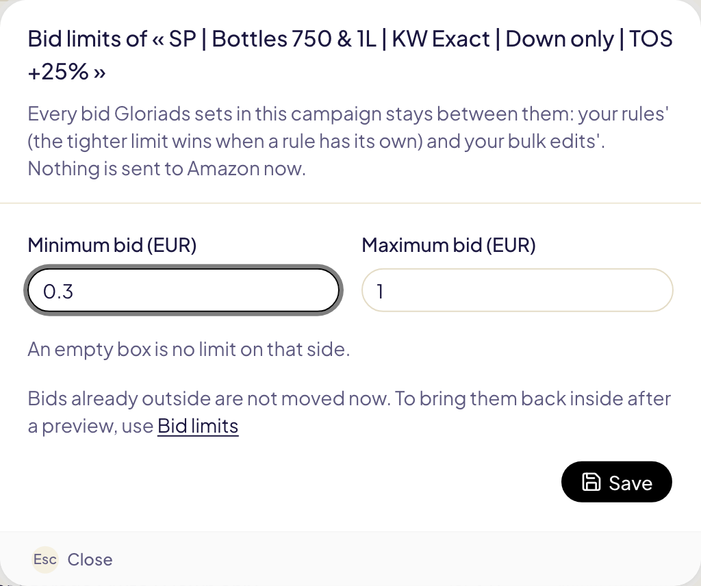 The bid limits window of one campaign: Minimum bid and Maximum bid in euros, with Save