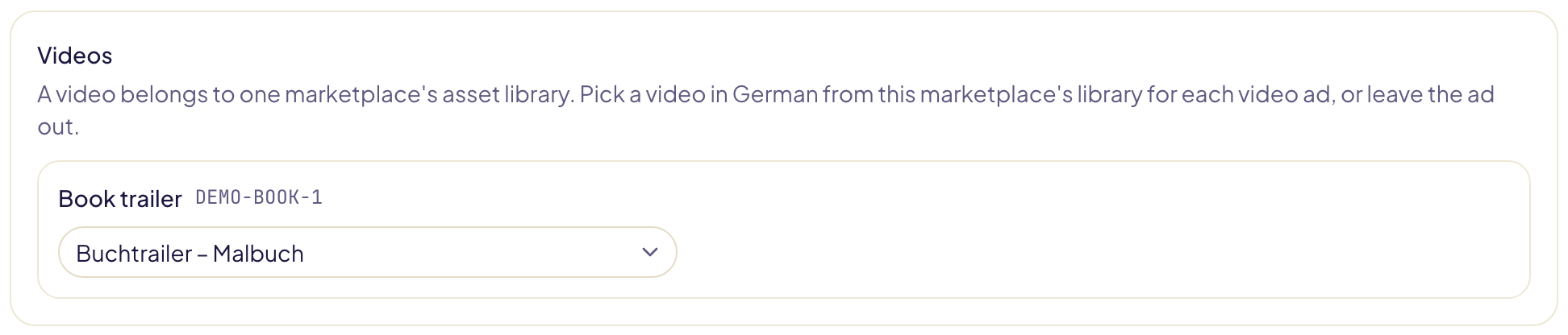 Le choix des vidéos sur Amazon.de : la publicité « Book trailer » de DEMO-BOOK-1, avec « Buchtrailer – Malbuch » choisie dans la bibliothèque allemande