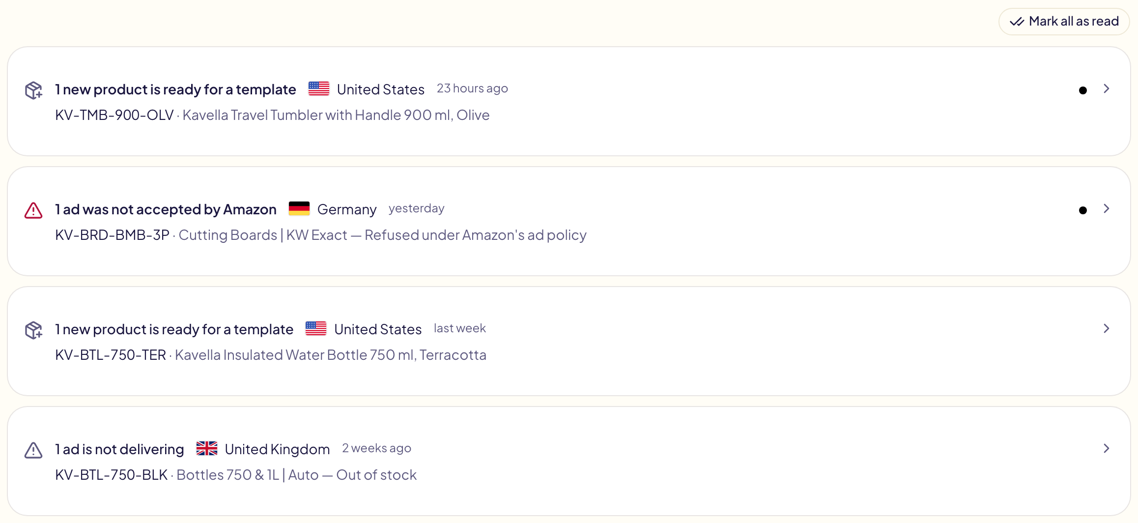 Quatre notifications : deux nouveaux produits prêts pour un modèle, une publicité refusée en Allemagne, et une publicité non diffusée au Royaume-Uni pour cause de rupture de stock