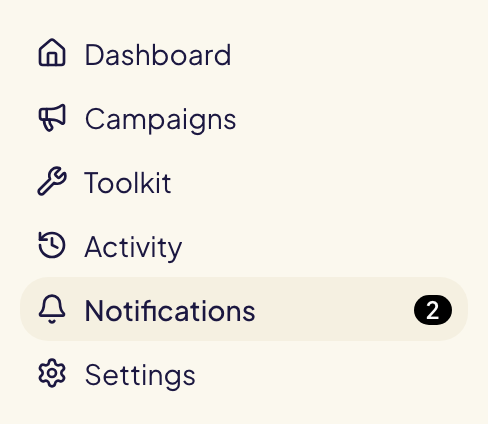 Le menu de gauche avec Notifications indiquant 2 non lues