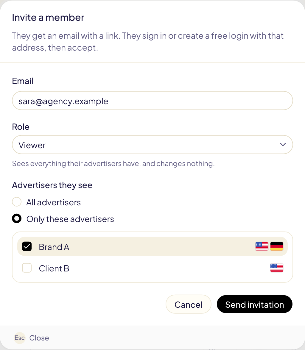 The Invite a member dialog: an email, the Viewer role, and Only these advertisers with Brand A ticked and Client B not