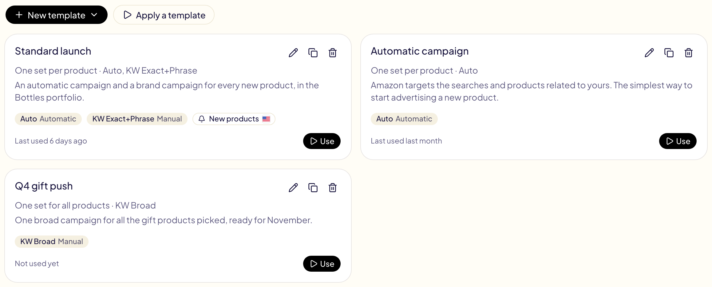 La page des modèles : Lancement standard avec son automatisation des nouveaux produits, Campagne automatique et Opération cadeaux T4, chacun avec Utiliser, modifier, dupliquer et supprimer