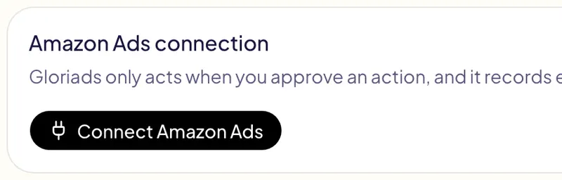 L'onglet Amazon Ads des paramètres Gloriads, avec son bouton Connecter Amazon Ads