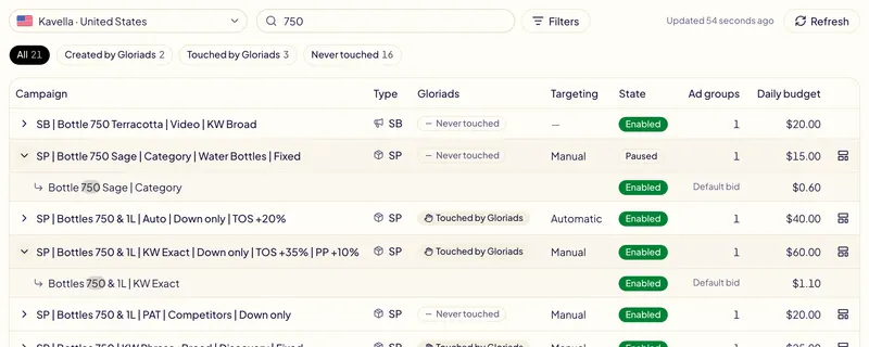 La liste des campagnes Gloriads d'une marketplace, avec le type, le badge, l'état et le budget quotidien de chaque campagne, deux campagnes ouvertes sur leur groupe de publicités