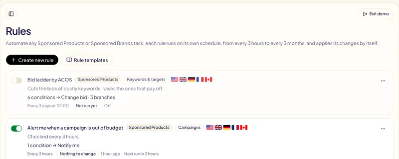 La page Règles de Gloriads : chaque règle avec son interrupteur, sa fréquence, sa dernière exécution et sa prochaine exécution